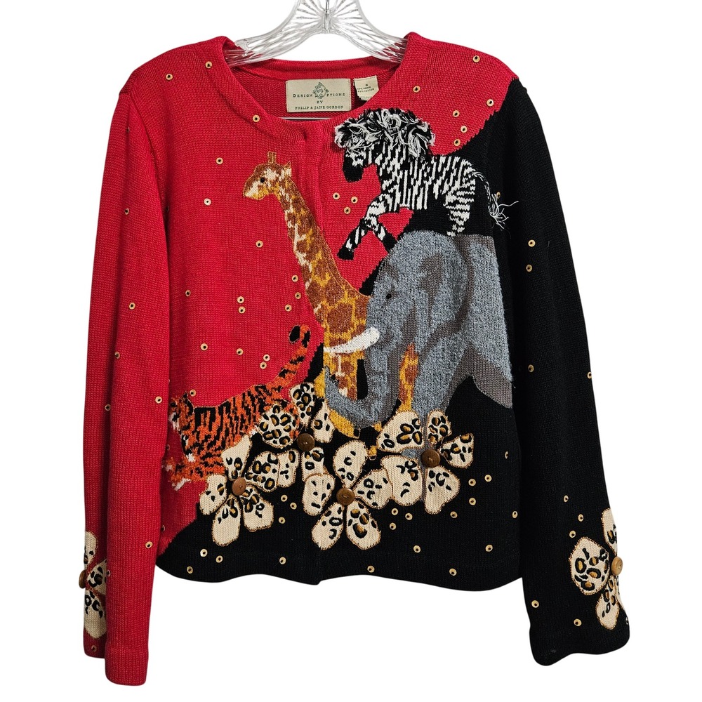 Design Options Cardigan Sweater Womens Sm Red Black Safari Animal Sequin Vintage